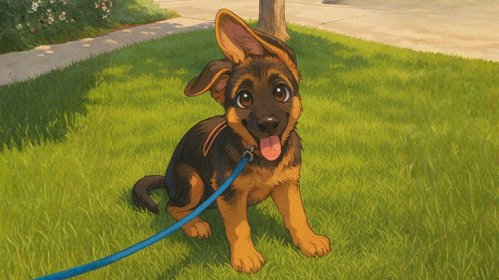 Illustrated German Shepherd puppy sitting on grass with a blue leash