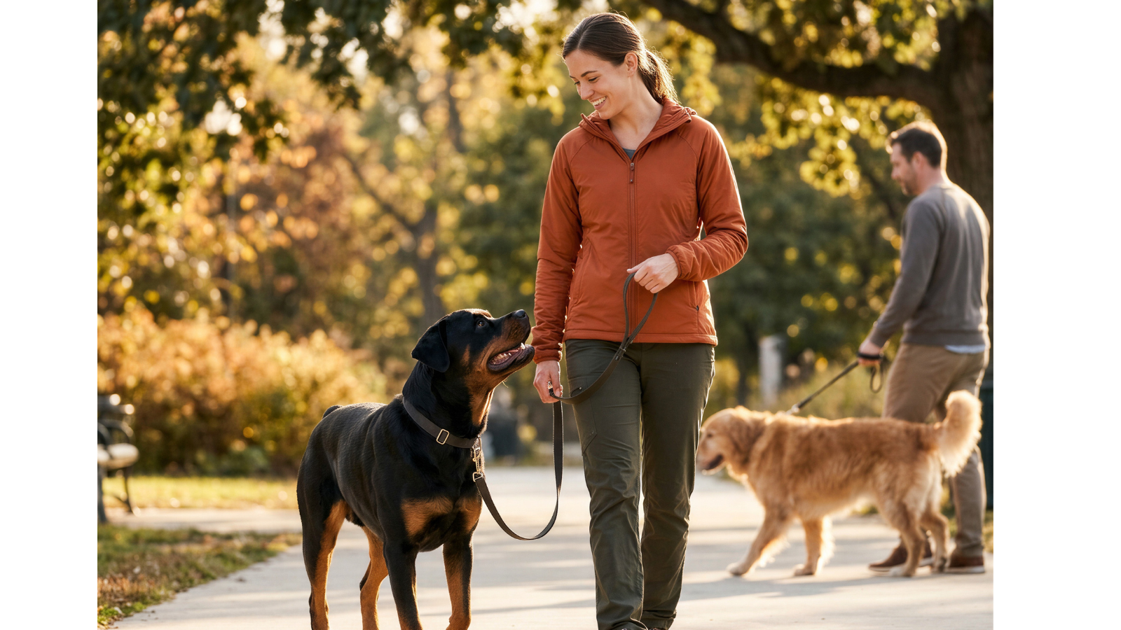 A calm Rottweiler heeling on leash next to a smiling woman on a sunlit park path while a Golden Retriever and its handler pass in the background