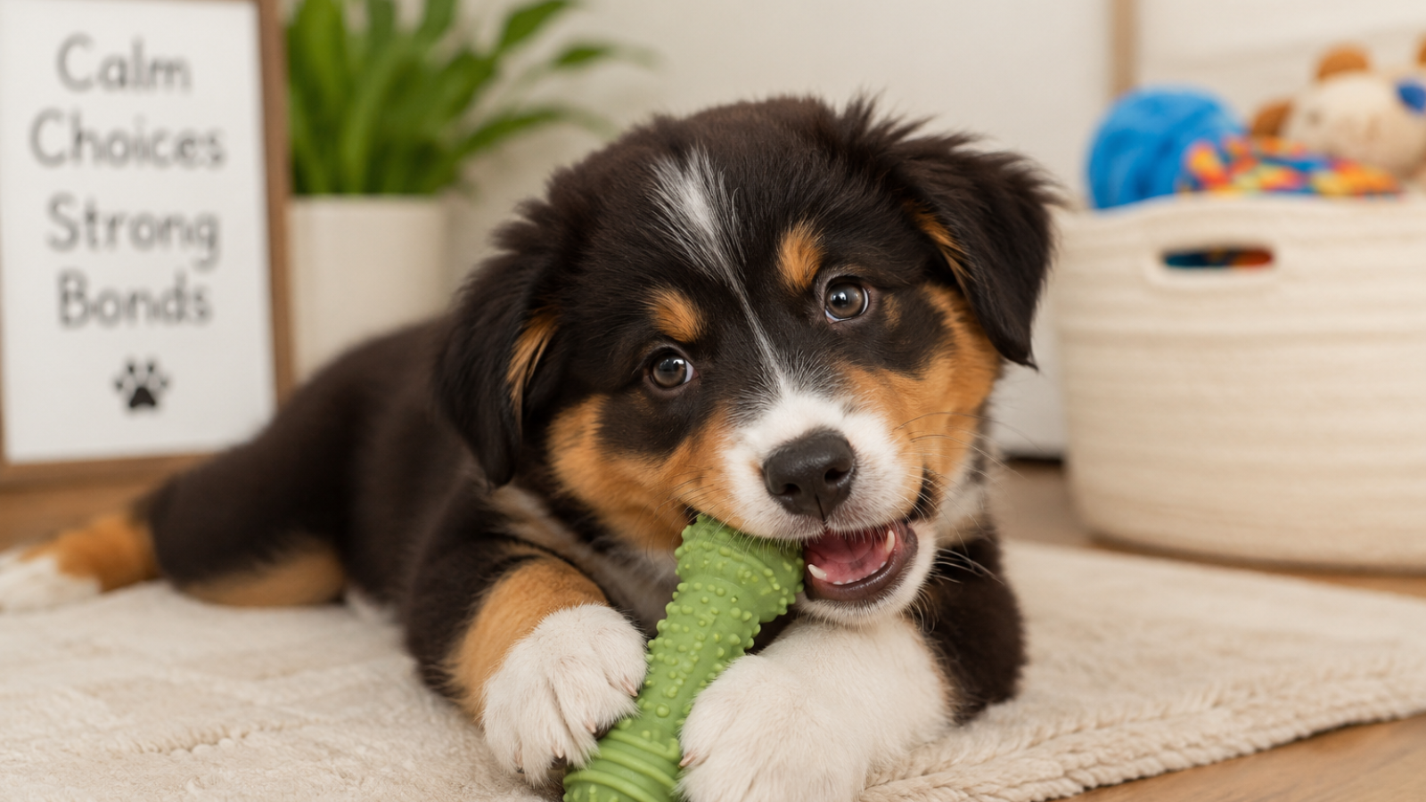Tri-color Australian Shepherd puppy lying on a rug chewing a green rubber chew toy, with a 'Calm Choices Strong Bonds' sign and a basket of toys behind