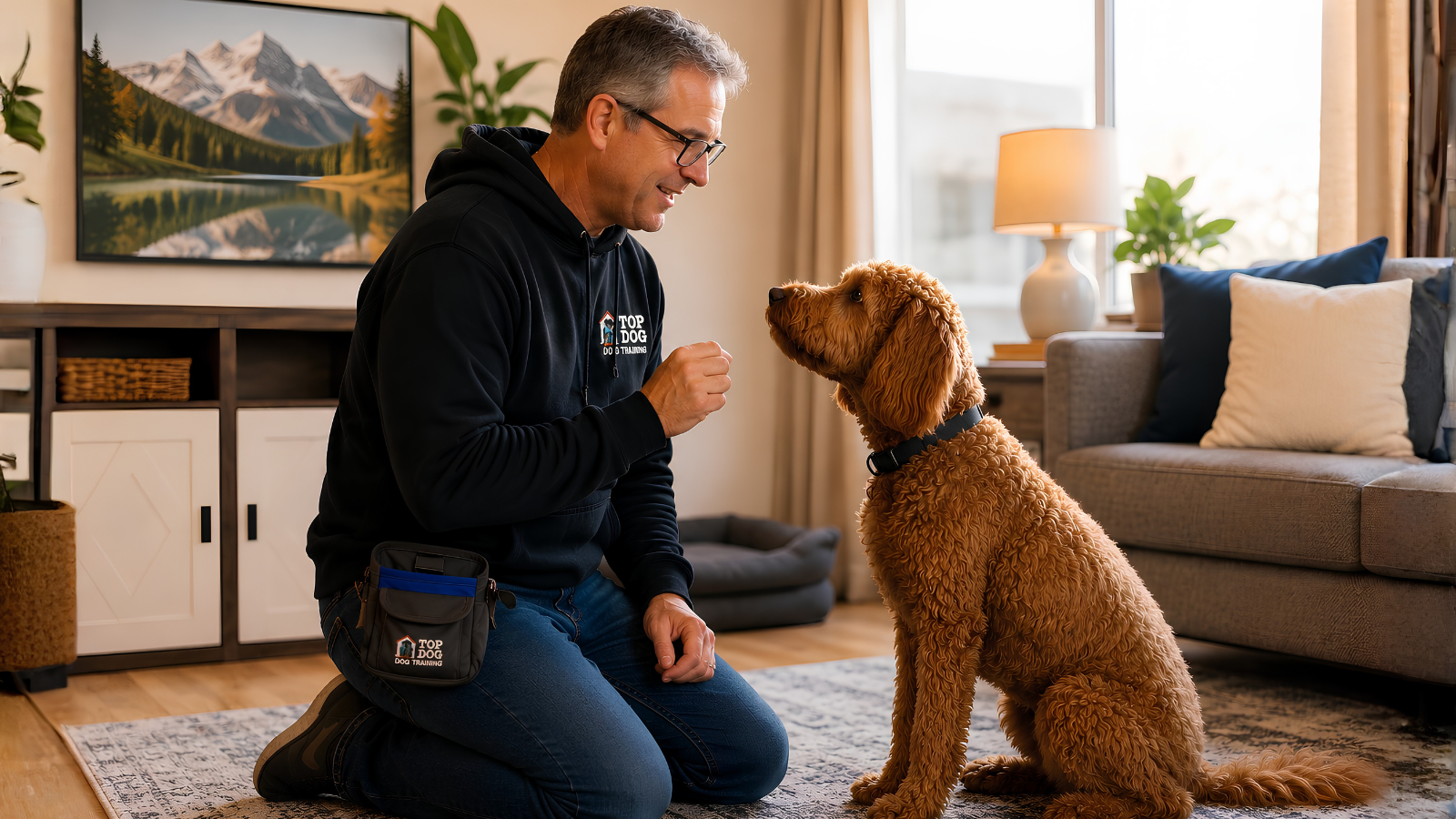 A Top Dog trainer kneeling and working with a focused goldendoodle in a comfortable home setting