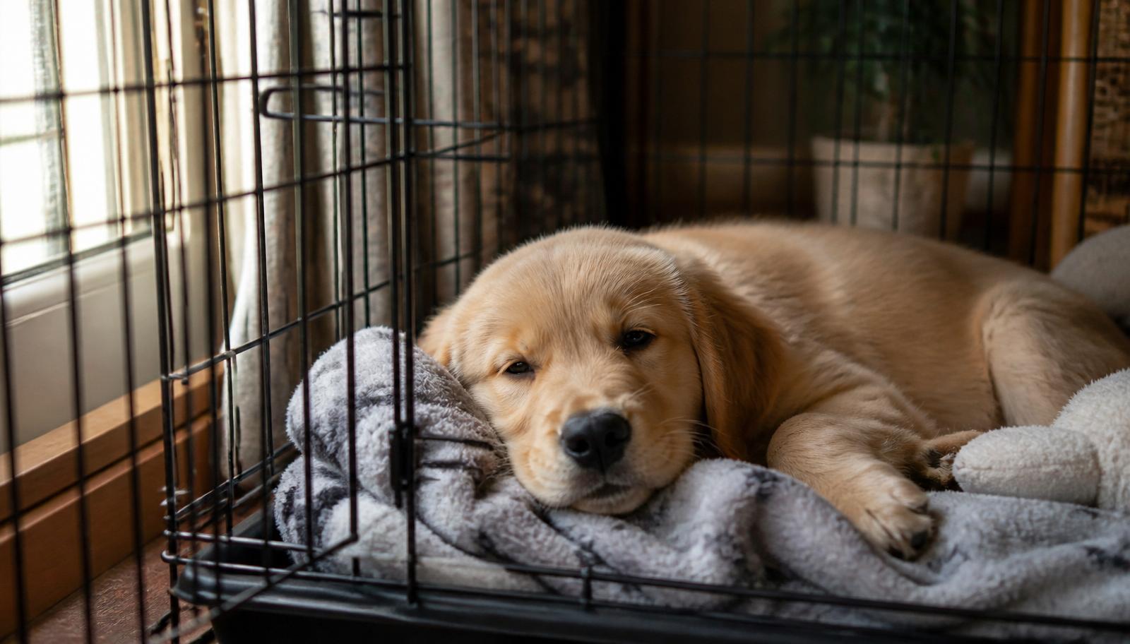 Puppy resting calmly in a crate before board and train in Utah